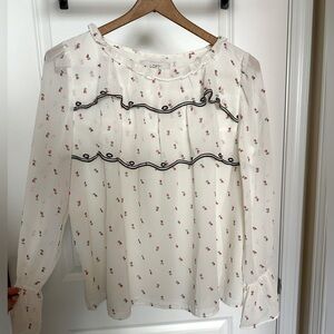 LOFT Cream Floral Ruffle Long-Sleeve Blouse